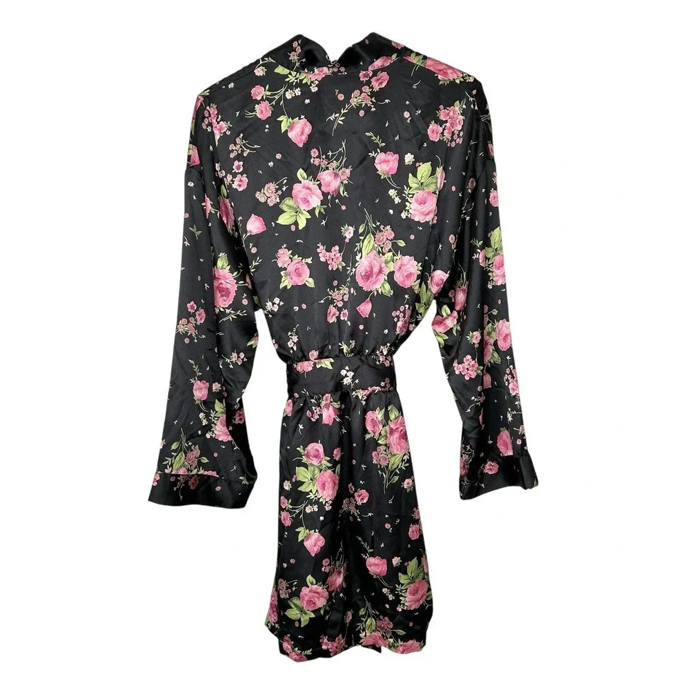 Victorias Secret Floral Silky Robe One Size O/S Y2k Coquette Romantic Mini Black - Picture 2 of 12